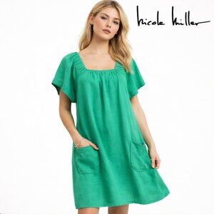 Nicole Miller Linen Summer Dress Green Relaxed Pockets Breezy Size large